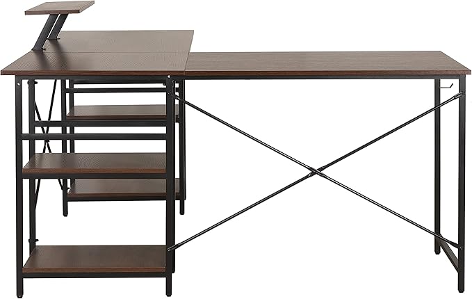 Techni Mobili Office Desk - Reversible L Shaped Desk with Storage Shelves Monitor Stand &amp Accessory Holder - Ergonomic &amp Industrial Workstation Corner Table with Durable Steel Frame Walnut