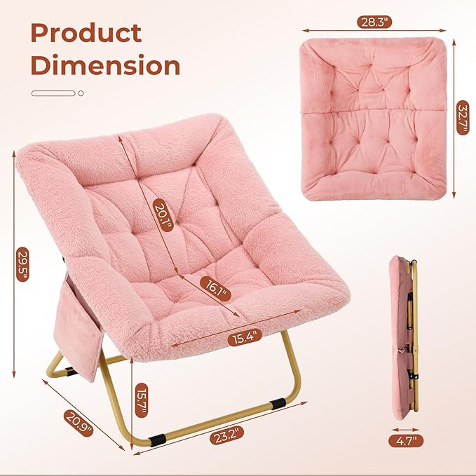 TLSUNNY Comfy Saucer Chair Oversized Foldable Lounge Lazy Chair Soft Faux Fur Reading Chair for Teens Adults Stable Metal Frame Moon Chair for Living Room Bedroom Dorms Office X-Large (Pink)
