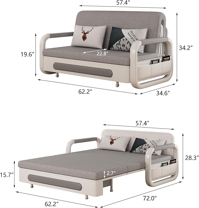 Pull-Out Sofa Daybed with Trundle Versatile Futon Couch with Sleeping Function and Storage Space Sofa Bed for Small Rooms and Living Rooms Dark Grey and White (62.2)