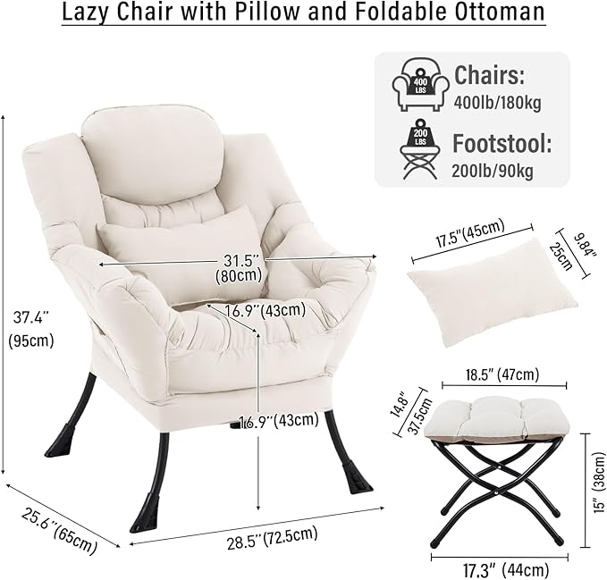 Lazy Chair with Ottoman Modern Accent Chair with Lumbar Pillow Beige Sofa Armchairs with Folding Footrest Oversized Supportive Chairs for Bedroom Reading