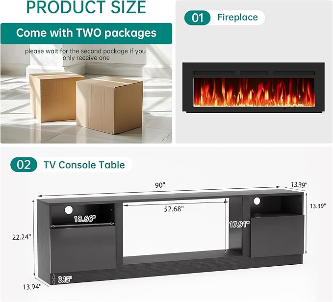 oneinmil 90” TV Stand with 50” Electric Fireplace Large Modern Media Entertainment Center with Storage Cabinet and 12 Colors LED Lights for TVs Up to 100 Black+Black