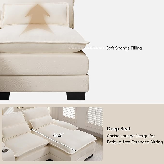 U Shaped Modular Cloud Couch Small Deep Seat Sectional Sofa with Center Storage Console USB Ports &amp Cup Holders Comfy Couches for Living Room Chenille Beige