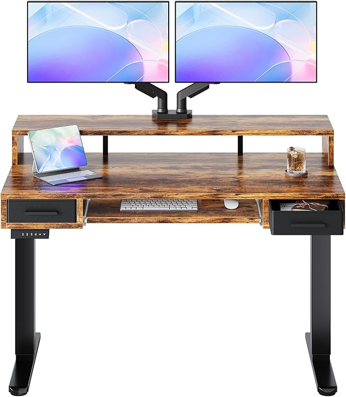 HUANUO 48″ x 26″ Electric Standing Desk with 2 Drawers &amp24.4″ Large Keyboard Tray C-Clamp Mount Compatible Adjustable Computer Desk for Office Sit Stand Up Desk with 4 Height Presets Vintage B