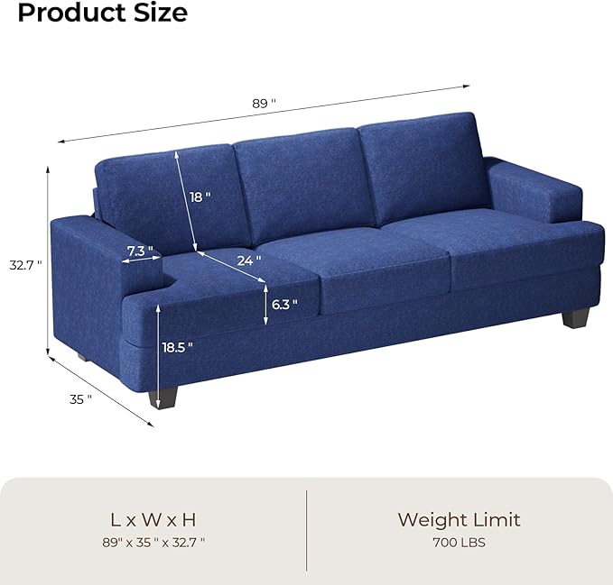 89 Inch Sofa with Extra Deep Seats Oversize 3 Seater Sofa for Living RoomModern Couch and Sofa Comfy Armrests and Seats and Backrests Easy Installation Blue