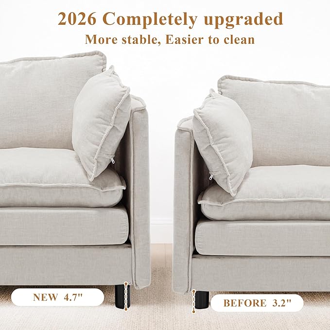 108 U Shaped Couch Modular Sectional Sofa Chenille Cloud Couch with Movable Ottoman 3 Deep Seat Small Sectional Couch Comfy Couch for Living Room (Beige 3 Seater with 2 Ottoman)