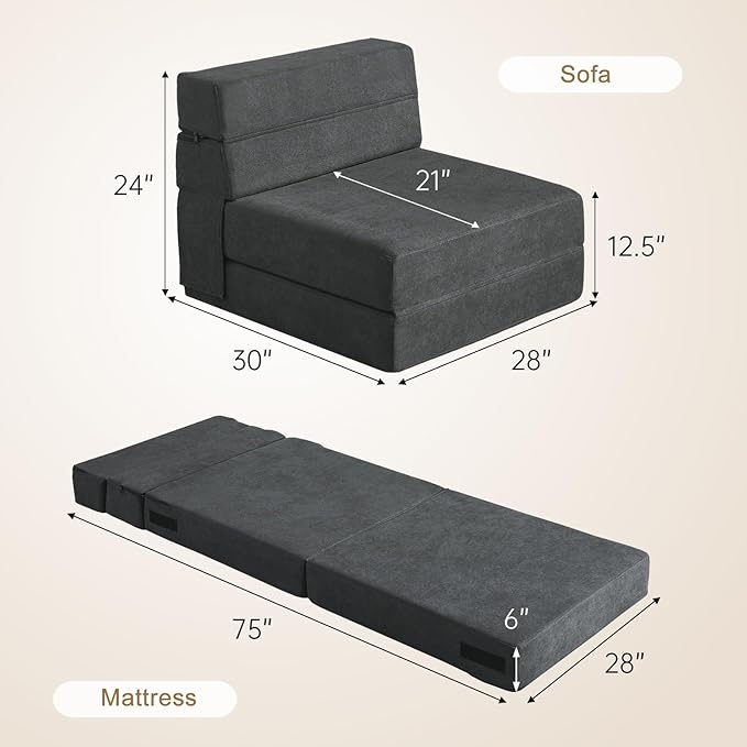 Folding Sofa Bed Single Size with Pillow Memory Foam Convertible Sleeper Chair Floor Couch Futon Lazy for Living Room Home Office Guest Beds Apartment Upstairs Loft Dark Gray