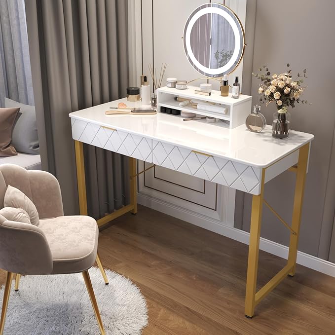 WESTREE 40 White and Gold Desk with 2 Drawers and Storage Shelf Modern Makeup Vanity with Glossy Desktop Gold Metal Frame Writing Desk for Bedroom or Home Office No Mirror