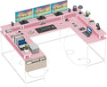 Jojoka U Shaped Computer Gaming Desk Reversible L Shaped Desk with Power Outlets LED Strip &amp Monitor Stand Large Corner Desk with Storage Shelves for Home OfficeDeep Pink