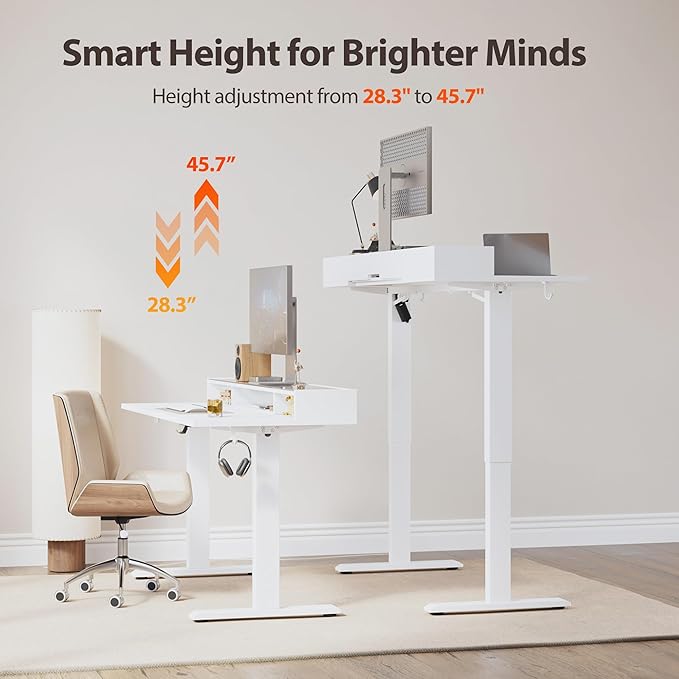 Agilestic Glass Standing Desk with Storage 48 Inch Electric Adjustable Desk with Glass Shelf Sit Stand Up Home Office Computer Table Splice Board White