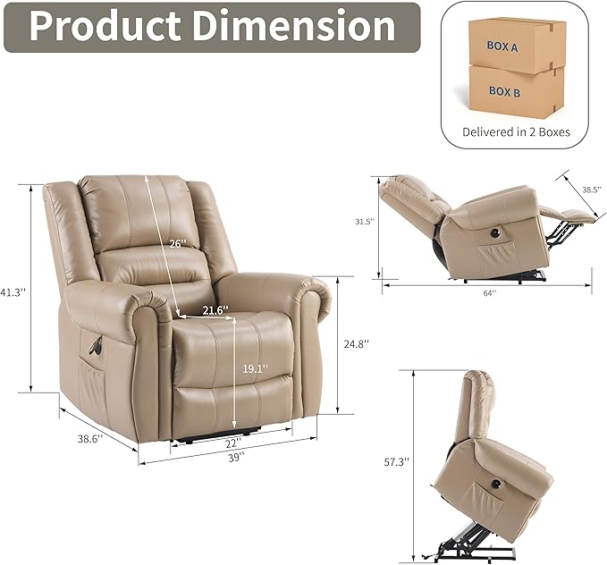 Power Lift Recliner Chair with Massage and Heating PU Leather Electric Recliner Sofa with USB Charger 300lbs Capacity Lift Chair 8-Point Massage &amp Lumbar Heating Easy Assembly(Light Brown)