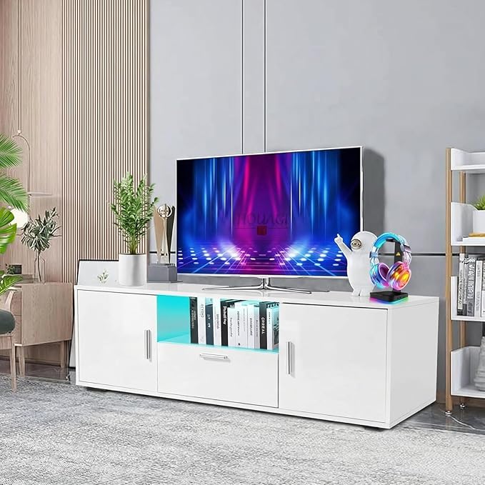 LED TV Stand for 32–55 Inch TVs – 51 Modern Entertainment Center with RGB Lights Glass Shelves &amp Large Storage Cabinet White Media Console for Living Room or Bedroom Setup