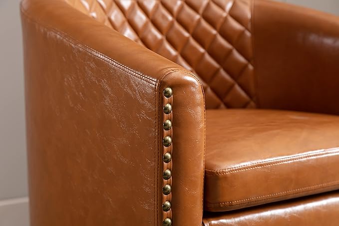 Generic Accent Chair with Ottoman Mid Century Modern Barrel Chair Upholstered Club Tub Round Arms Chair for Living Room Light Brown
