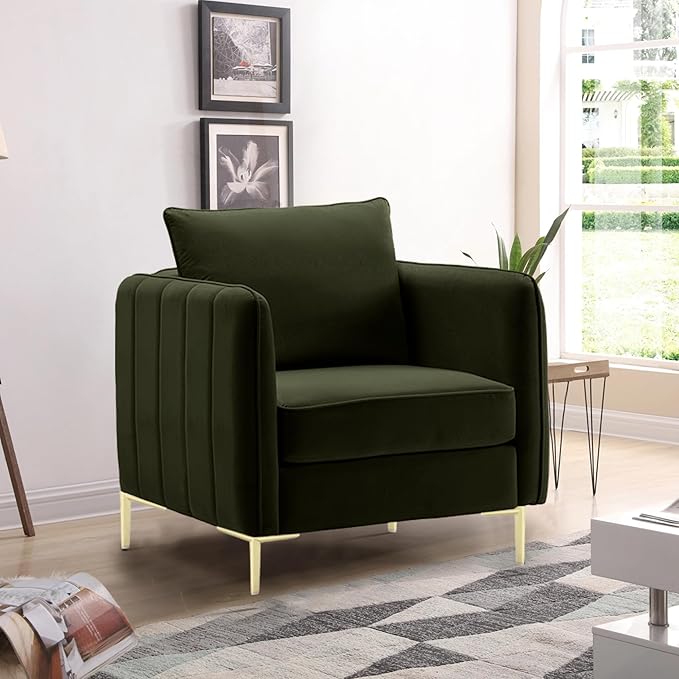 Modern Accent ChairSoft Frosted Velvet Armchair Upholstered Accent Chair with Meatl LegsComfy Singel Reading Sofa Chair with Wide Armrests for Living RoomBedroomReading Room (Olive)