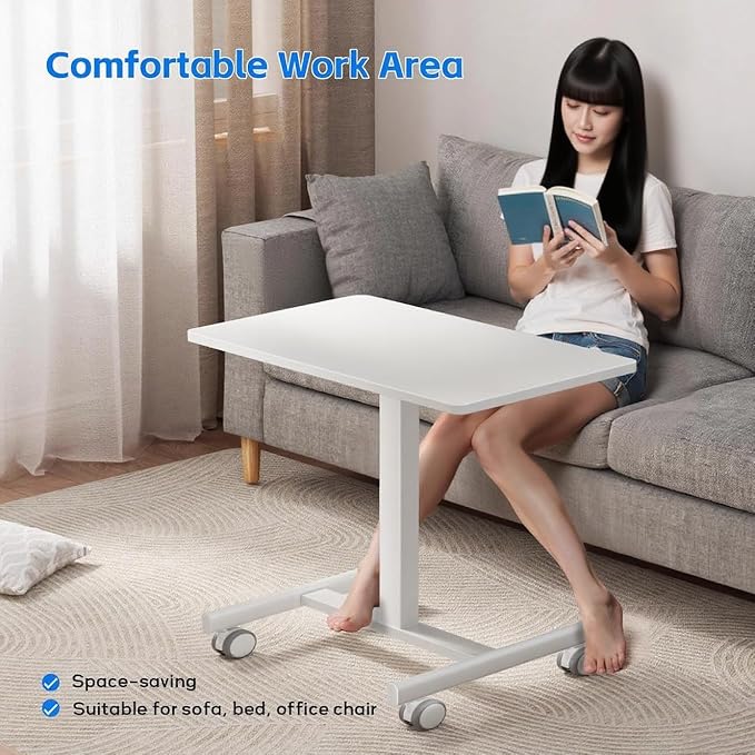 Mobile Standing DeskSmall Rolling DeskHeight Adjustable Rolling Cart with Lockable Wheels for Home Office Computer Workstationwith Hook White