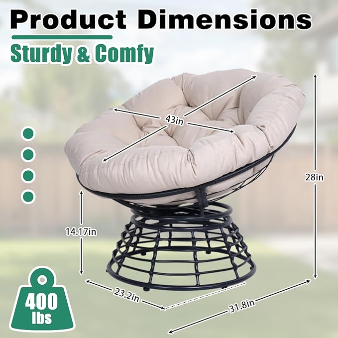 43 Ergonomic 360° Swivel Papasan Chair Wicker Round Chair with Thick Cushion Lounge Chair for Living Room Bedroom Reading Nook Indoor Outdoor Use (Black + Light Gray)