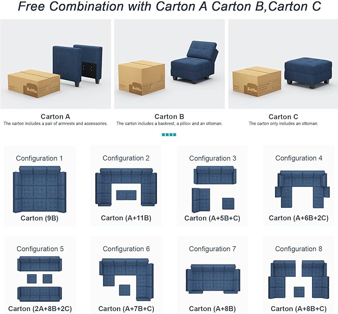 Belffin Armrest Module for Modular Sectional Sofa Couch Side Armrest for Sectional Modular Sofa Fabric Blue