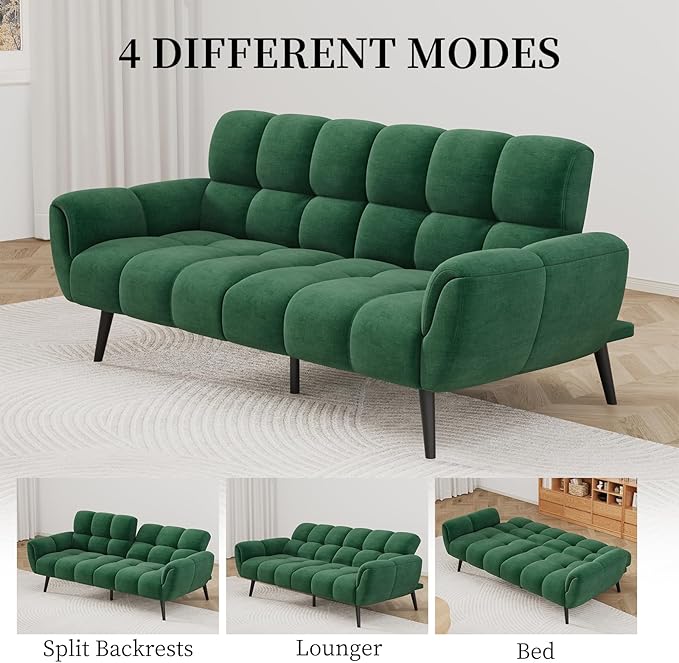 Convertible Futon Sofa Bed 76.77 Modern Linen Futon Couch Comfy Sleeper Sofa with Adjustable Backrests Couch Bed for Small Spaces Living Room Bedroom Apartment Green