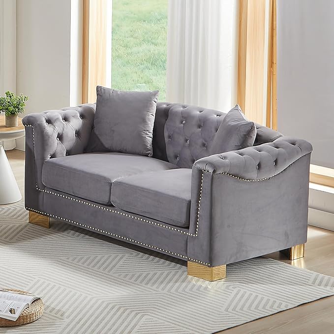 62 Chesterfield Loveseat 2 Seater Tufted Velvet Couch with Rolled Arms Mid Century Modern Love Seat with Nailhead Trim&ampRemovable Cushions&ampGold Legs Comfy Deep Seat Couches for Living Room