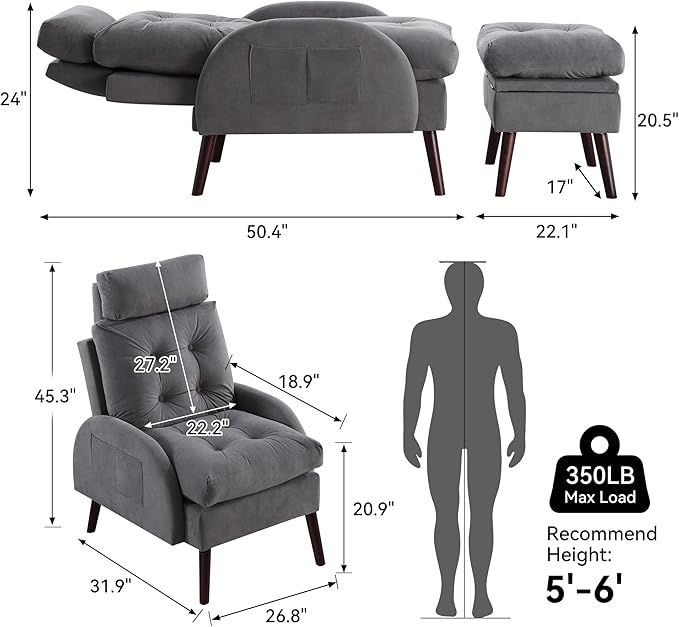 Chair with Ottoman SetAccent Chair with Ottoman Storage and Adjustable BackrestComfy Reading Lazy Lounge Chair and Ottoman with Side Pocket for Living RoomBedroomVelvet Dark Grey