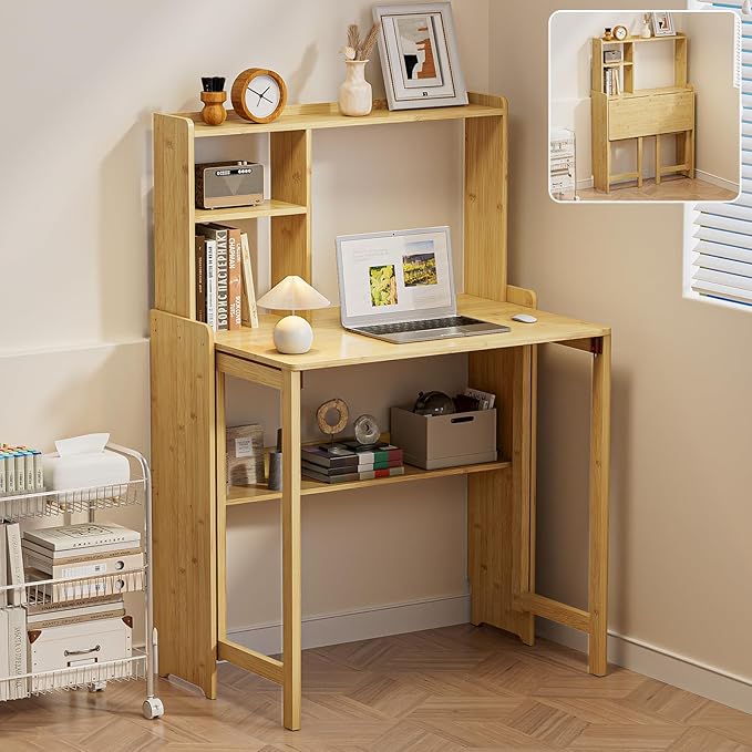 Bamboo Folding Desk for Small Spaces with Storage Mid Century Foldable Desk with Bookshelf Small Desks with Storage for Home Office Bedroom Natural