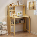 Bamboo Folding Desk for Small Spaces with Storage Mid Century Foldable Desk with Bookshelf Small Desks with Storage for Home Office Bedroom Natural