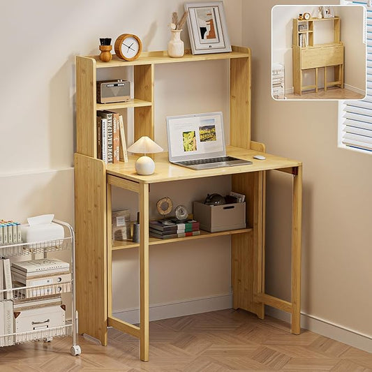 Bamboo Folding Desk for Small Spaces with Storage Mid Century Foldable Desk with Bookshelf Small Desks with Storage for Home Office Bedroom Natural
