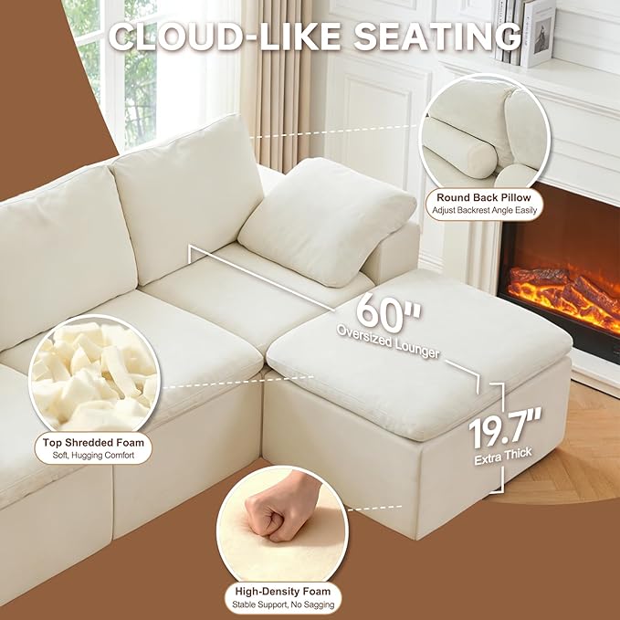 110 L Shaped Modern Sofa Boneless Modular Sectional Cloud Couch with Ottoman 4-Seat Chenille Deep Seat Sofa for Living Room Bedroom and Apartment No Assembly Beige | No Assembly Required 30 Dee