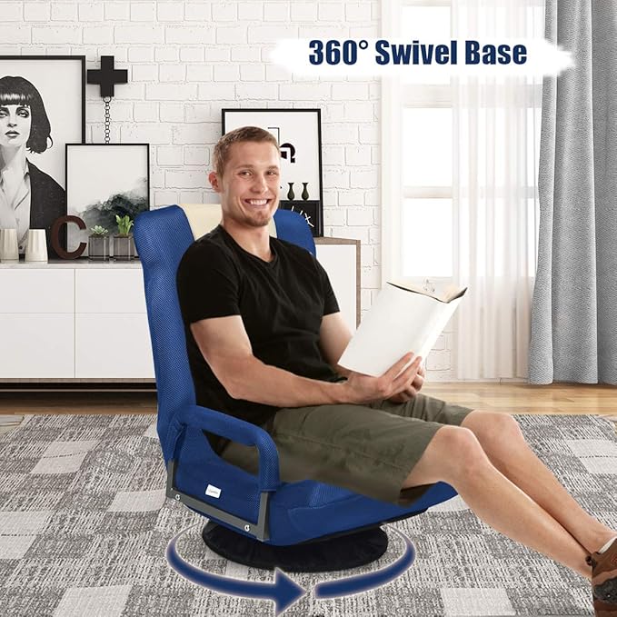 Giantex Floor Chair 360 Degree Swivel Chair with Adjustable Backrest Lumbar Support Armrest Foldable Lazy Sofa Rocker for TV Reading Playing Video Games Blue/Beige