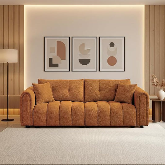 Mid Century Modern Boucle Sofas for Living Room 3 Seater Couch with Deep Seat Comfy Sherpa Cloud Couch Oversized Loveseat for Apartment Bedroom Home Office 91.5 Inch Burnt Orange