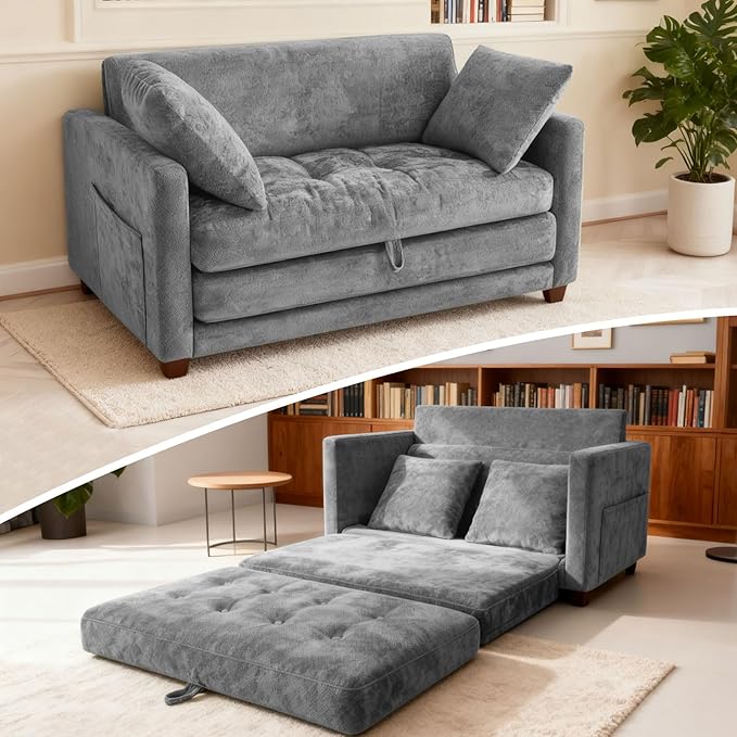 51 Convertible Sofa Bed2 in 1 Folding Loveseat Sleeper Sofa with Solid Steel Frame &amp 2 Pillows Fold Out Floor Couch for Small Spaces Apartment Living Room &amp Guest Room-Grey Chenille