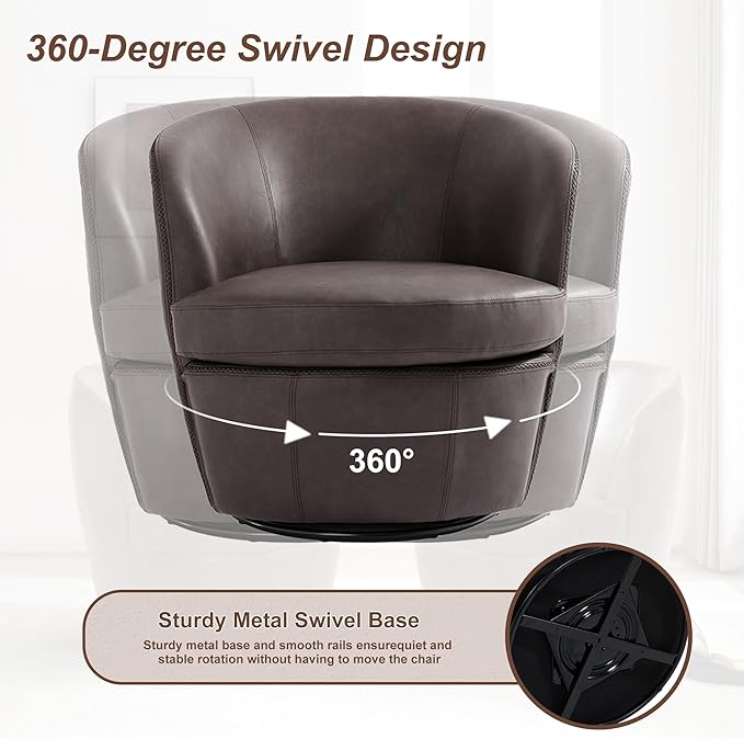 Swivel Barrel Chair Modern Round PU Leather Accent Armchair for Living Room Bedroom Comfy Club Reading Chairs for Adults (Leather Chocolate Set of 2)