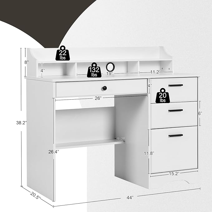 Catrimown Computer Desk with 4 Drawers and Hutch Home Office White Writing Desk with File Drawer and Shelves for Small Spaces Small Desk Study Table for Bedroom
