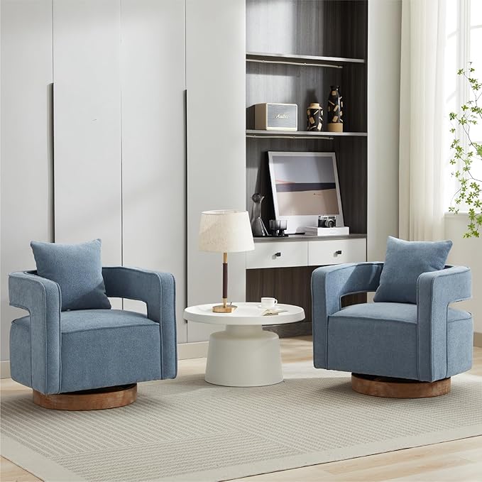 Chifee &amp Vingol 29.1 Linen Modern Swivel Accent Barrel Chair Set of 2 with Solid Wood BaseBlue