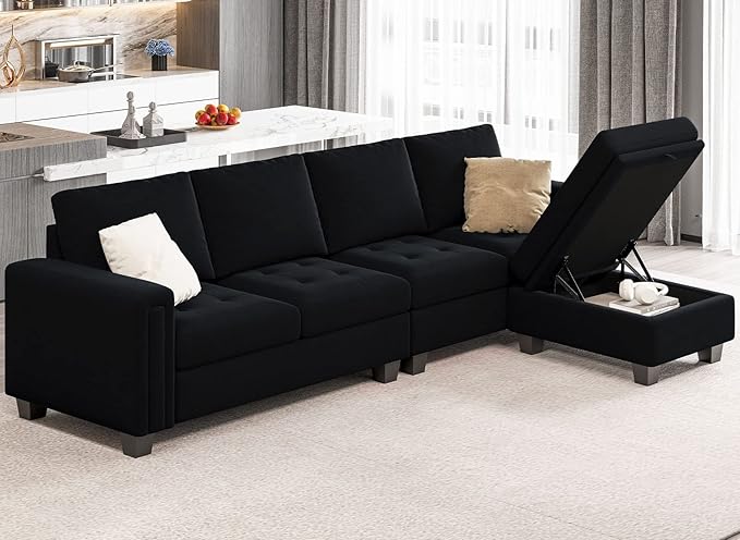 Belffin Velvet Reversible Sectional Sofa with Chaise Convertible L Shaped 4-seat Sectional Couch with Storage Ottoman Black