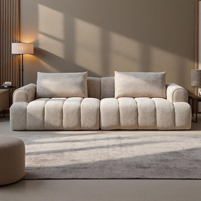 Minimalist Wabi Sabi Sectional Sofa Couch Modern Oversized 4-Seater Sofa Teddy Velvet Comfy Couch for Living Room Apartment Camel