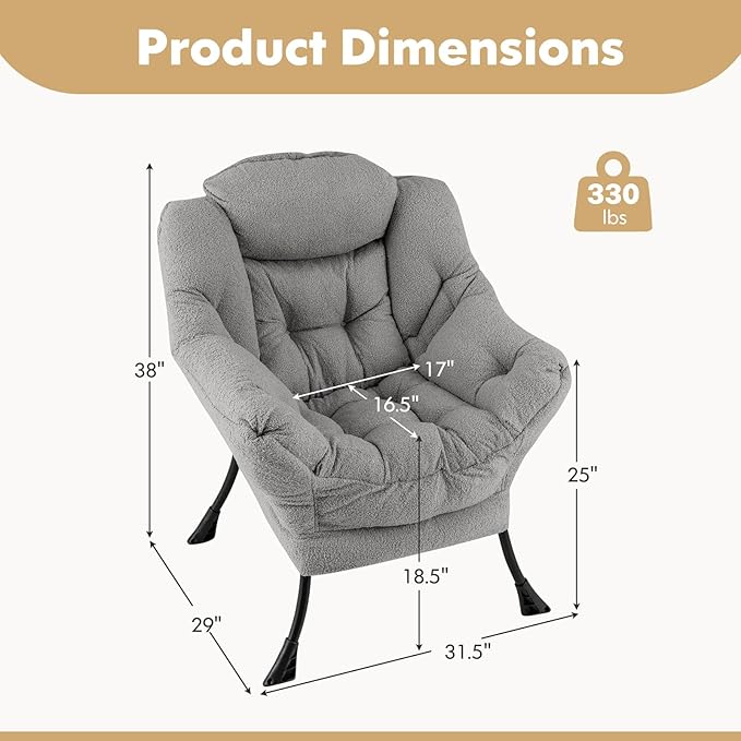Byroce Lazy Chair Single Sofa Sherpa Chair with PP Cotton Filler Head Pillow &amp Zipper Design Modern Leisure Reading Chair Comfy Lounge Accent Chair for Living Room Bedroom &amp Home Office (