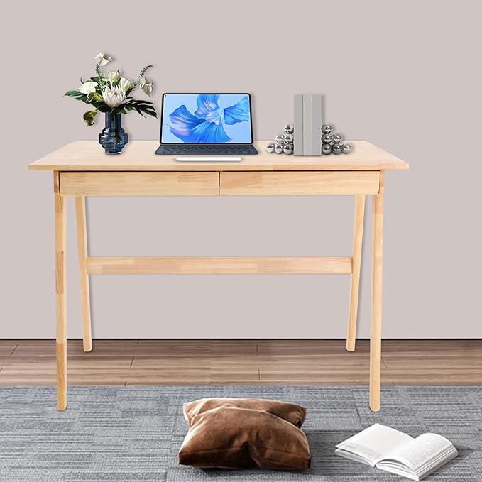 Modern Computer Desk with 2 Drawers Solid Wood Writing Desk for Home Office 39.3 Large Desktop 330 lbs Load Capacity Ergonomic Study Table (Log Color)