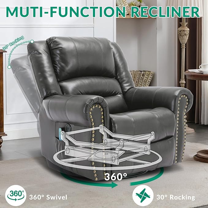 VIVIJASON Massage Swivel Rocker Recliner Chair with Heat &amp Vibration 360° Swivel Manual Glider Rocking Reclining Chair with Remote Control Side Pockets &amp USB Ports for Living Room Gray