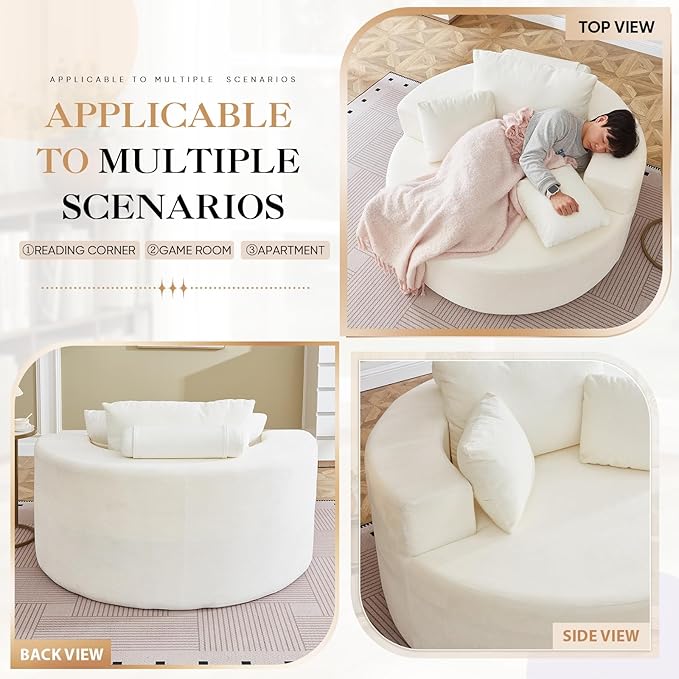 Modern Round Accent Sofa Chair for Living Room Upholstered Soft Terrycloth Barrel Lounge Arm Chair with Large seat&ampThrow Pillows for Bedroom Office Apartment Beige