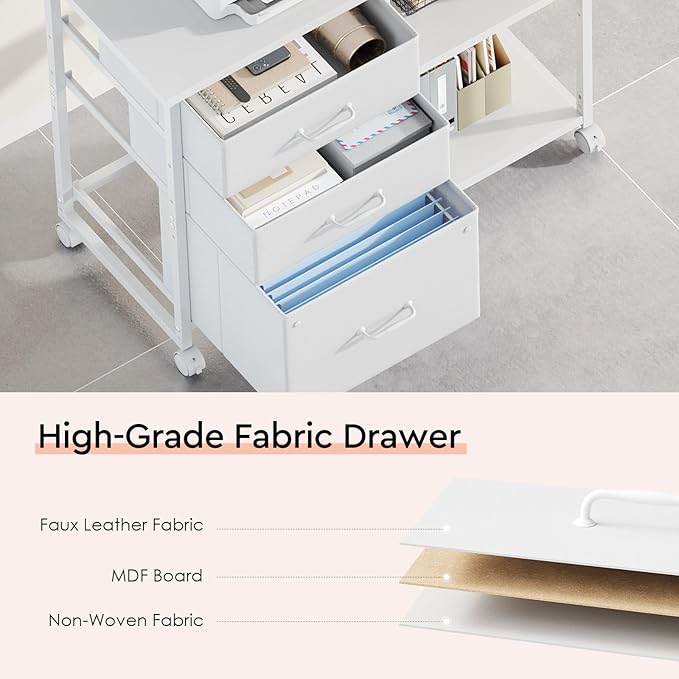 3 Drawer File Cabinet with Wheels Rolling Printer Stand with Open Storage Shelf Fabric Lateral Filing Cabinet for Home OfficeWhite