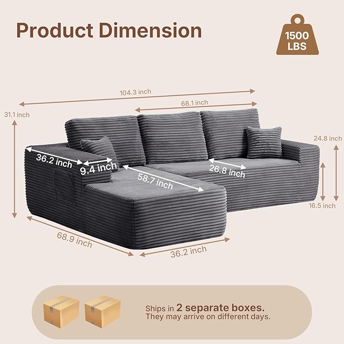 104 inch Boneless L-Shaped Sectional Sofa with Throw Pillow &amp Side Pockets- No Assembly Compressed Modular Couch Memory Foam Deep Seat for Living Room Bedroom Apartment Grey Left
