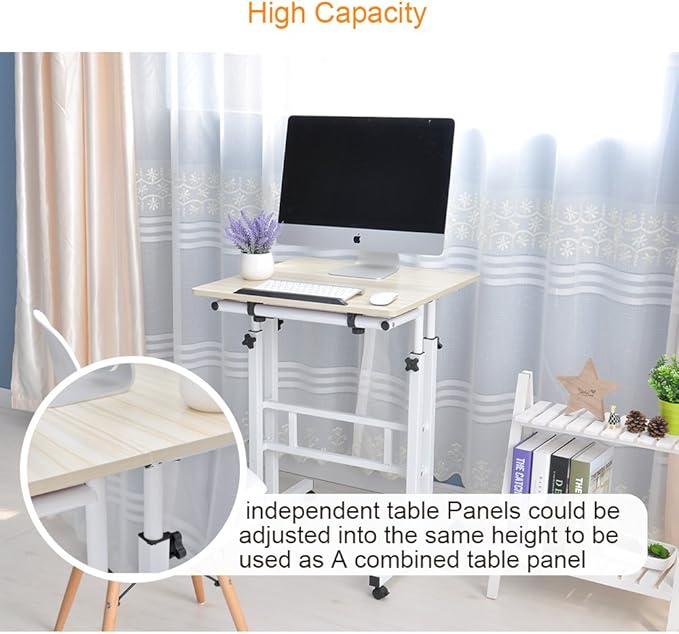 soges Mobile Standing DeskAdjustable Height Roling Sit-Stand Desk Small Standing Computer Desk Workstation on Wheels Sit Stand Up Desk for Home Office Oak