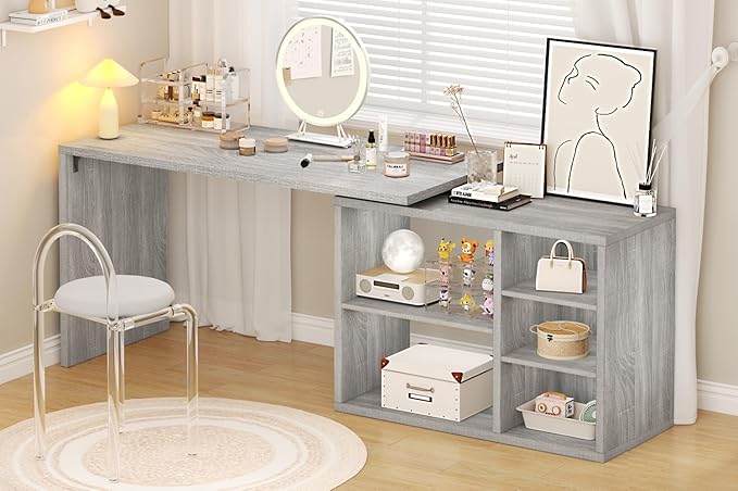 HSH Gray L Shaped Corner Desk with Storage Shelves Reversible L Shape Computer Desk with Storage Cabinet Adjustable Corner Home Office Desk for PC Executive Writing Study Work Light Grey 55 Inch