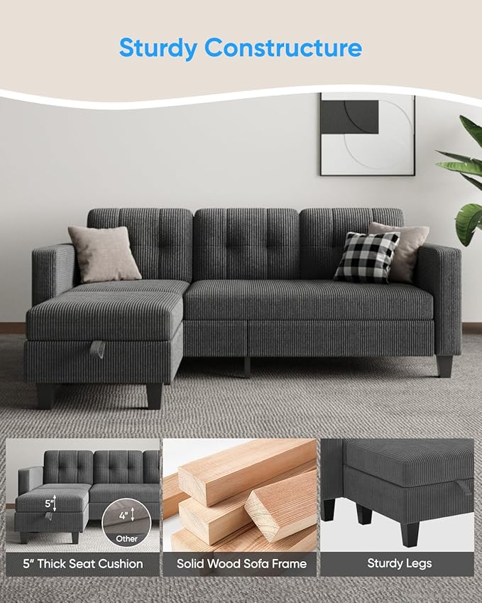 76 Inch L Shaped Sofa Corduroy Convertible Sectional Couch with Reversible Storage Ottoman Modern 3 Seat Sectional Sofa for Living Room Apartment and Small Space