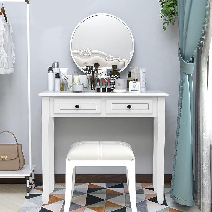 DMAITH Small White Writing Desk with Hutch – 32 Home Office Desk with Drawers | Compact Computer Desk Vanity Makeup Table for Bedroom or Study Room