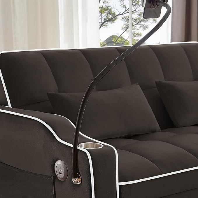 3-in-1 Convertible Loveseat Sleeper Sofa with Cup Holders &amp Phone Holder Futon Couch with Pull Out Bed and Adjustable Backrest Modern Velvet Chaise Lounge for Living Room Bedroom (Brown 54.7)
