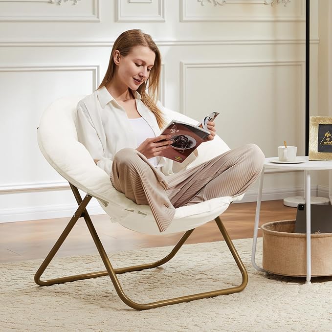 DUMOS Comfy Saucer Chair Faux Fur Lounge Seasting XL Circle Chair for Bedroom Dorm &amp Gaming Foldable Fashion Accent Seat for Small Spaces Folding Moon/Mushroom/Round Oversized StyleWhite