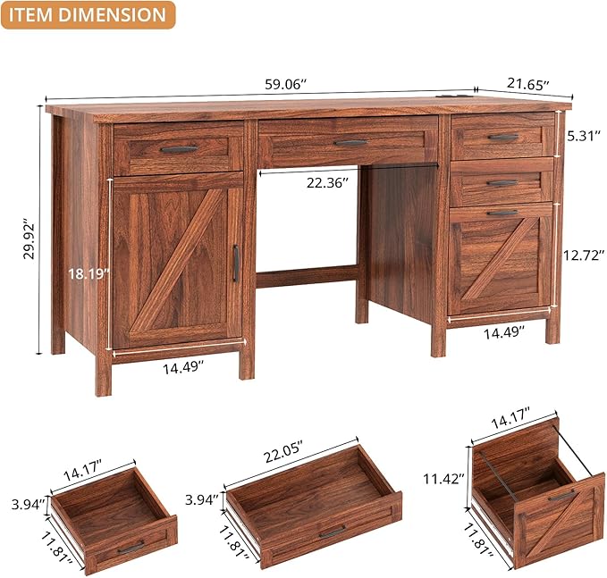 VOWNER Executive Desk with File Drawer Farmhouse Office Desk with Charging Station Computer Desk Workstation for Home Office Walnut
