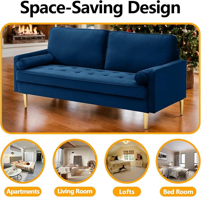 65 Inch Green Velvet Couch Small Loveseat Sofa &amp Office Sofa for Small Space Couch for Bedroom Livingroom 2 Pillows Gold Legs Tufted Seat (Navy)