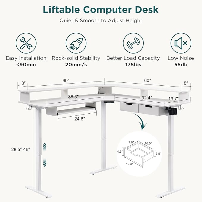 RedLemon L Shaped Electric Standing Desk 60 inches Motor Height Adjustable Sit Stand Corner Desk with Led Large Home Office Desk Computer Workstation Antique White
